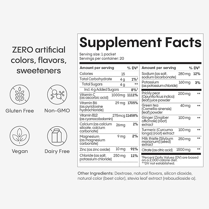 Hydralyte Liver Support + Electrolyte Mix with Milk Thistle, Turmeric, Ginger, Prickly Pear, Green Tea Extract Formulated for Rapid Rehydration (Peach Passion Ginger, 20 Packets)