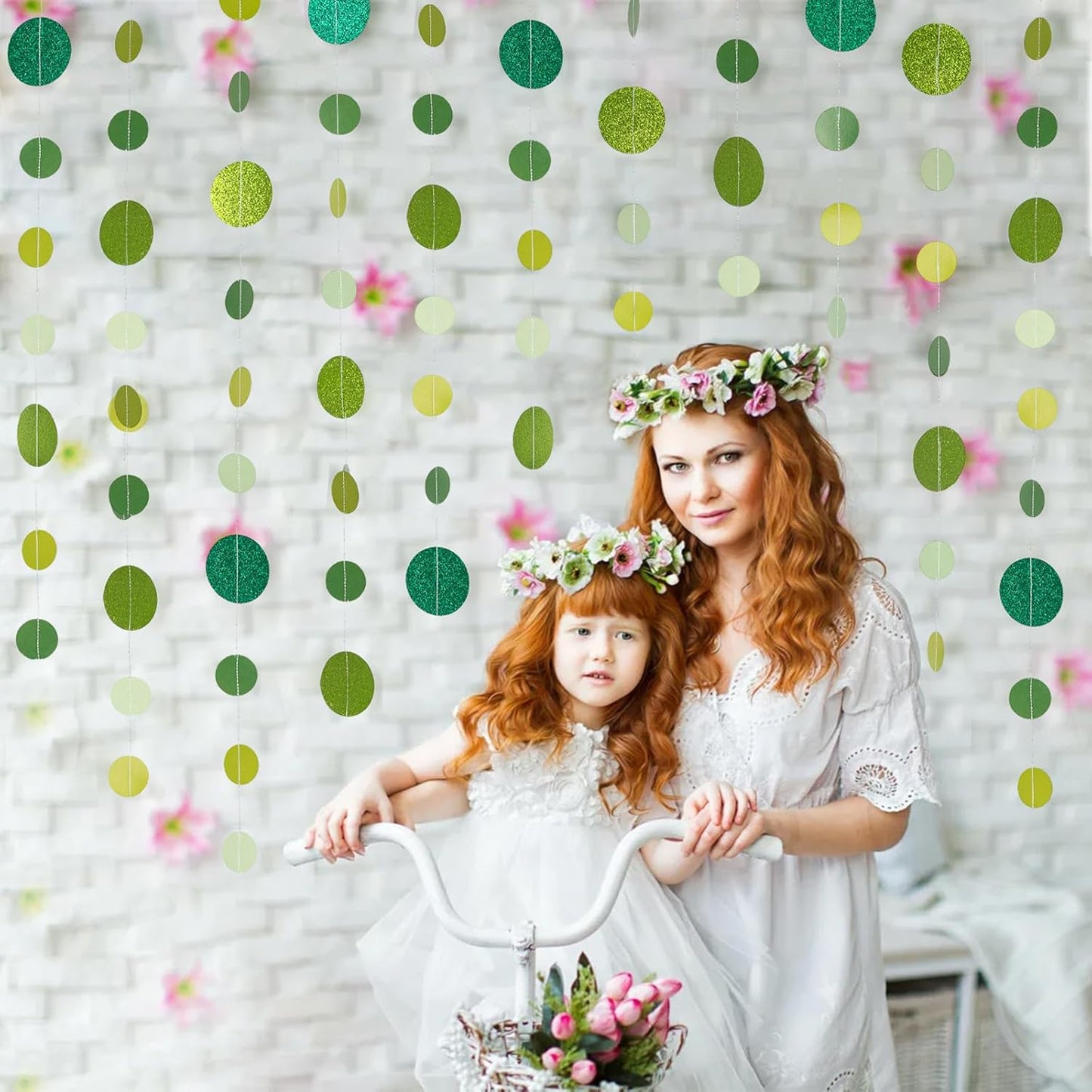 8 Pack Green Glitter Dot Garland, Hanging Circle Streamers Banner, Backdrop Hanging Decorations for Easter, St. Patrick’s Day, Spring Celebrations, Birthday Parties, Baby Showers, Weddings and More