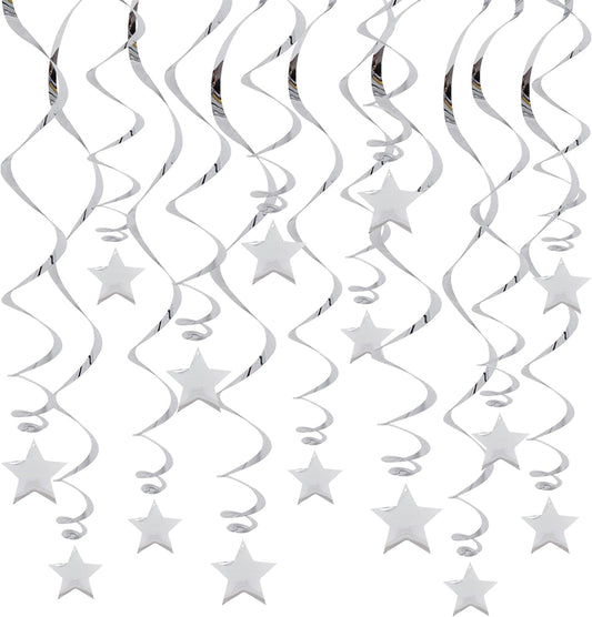 BEISHIDA Silver Star Hanging Swirl Decorations,Hanging Silver Party Supplies for Graduation Wedding Baby Shower Decorations, Pack of 15