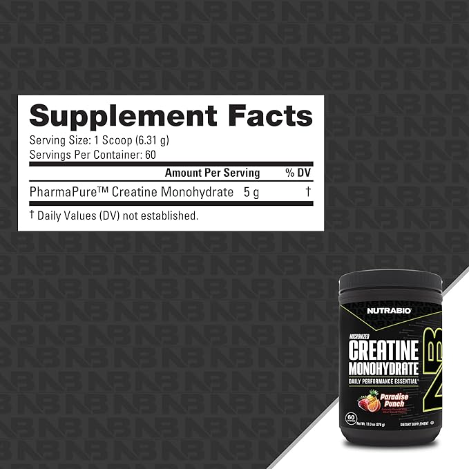 NutraBio Pure Micronized Creatine Monohydrate Powder Supplement,Paradise Punch Burst,(300g)-Supports Bulk Muscle Energy, Recovery, and Strength-HPLC Tested Creatine Powder Supplement for Men and Women
