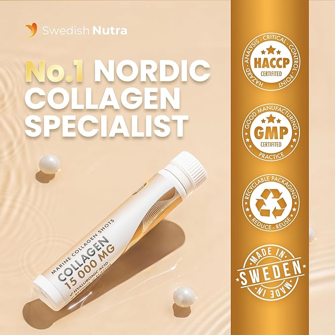 Swedish Nutra - Liquid Marine Collagen 15,000mg - 30 Shots I Hydrolyzed Collagen Peptides (Type I & III) I Hyaluronic Acid, Biotin, Vitamin C Sugar Free- 30 Day Supply