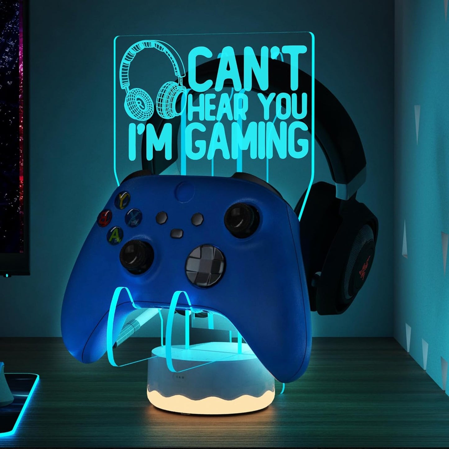 Light Up Headset and Controller Stand, 16 Colors 3D LED Lights Gamepad Headphone Holder with Remote Control, Game Controller Hanger for All Universal Gaming PC Accessories