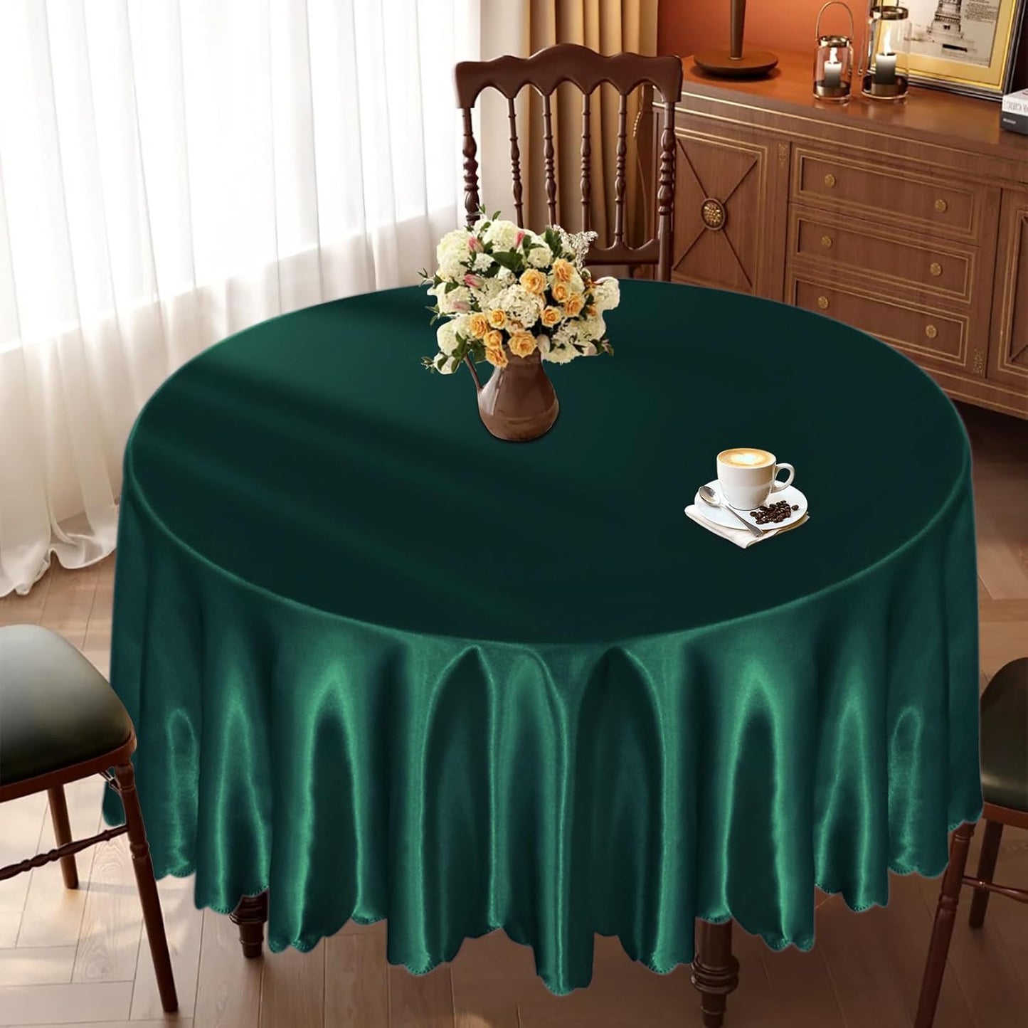 KKJIAF 1 Pack Round Table Cloths 90 Inch, Hunter Green Overlay Round Satin Table Cover, Silky Satin Dining Tablecloths for Wedding Buffet Parties Banquet Decoration