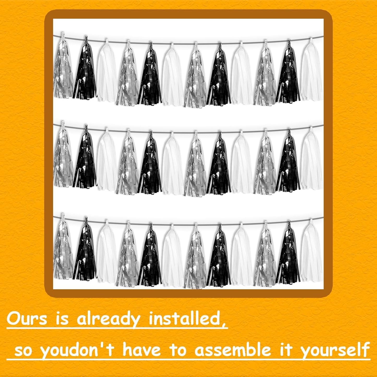 3P Black Silver White Metallic Fringe Tassel Banner Garland Foil Tinsel Streamer Wall Hanging Curtain Backdrop Banner for Parade Floats, Graduation Decorations, Halloween, Christmas Decorations