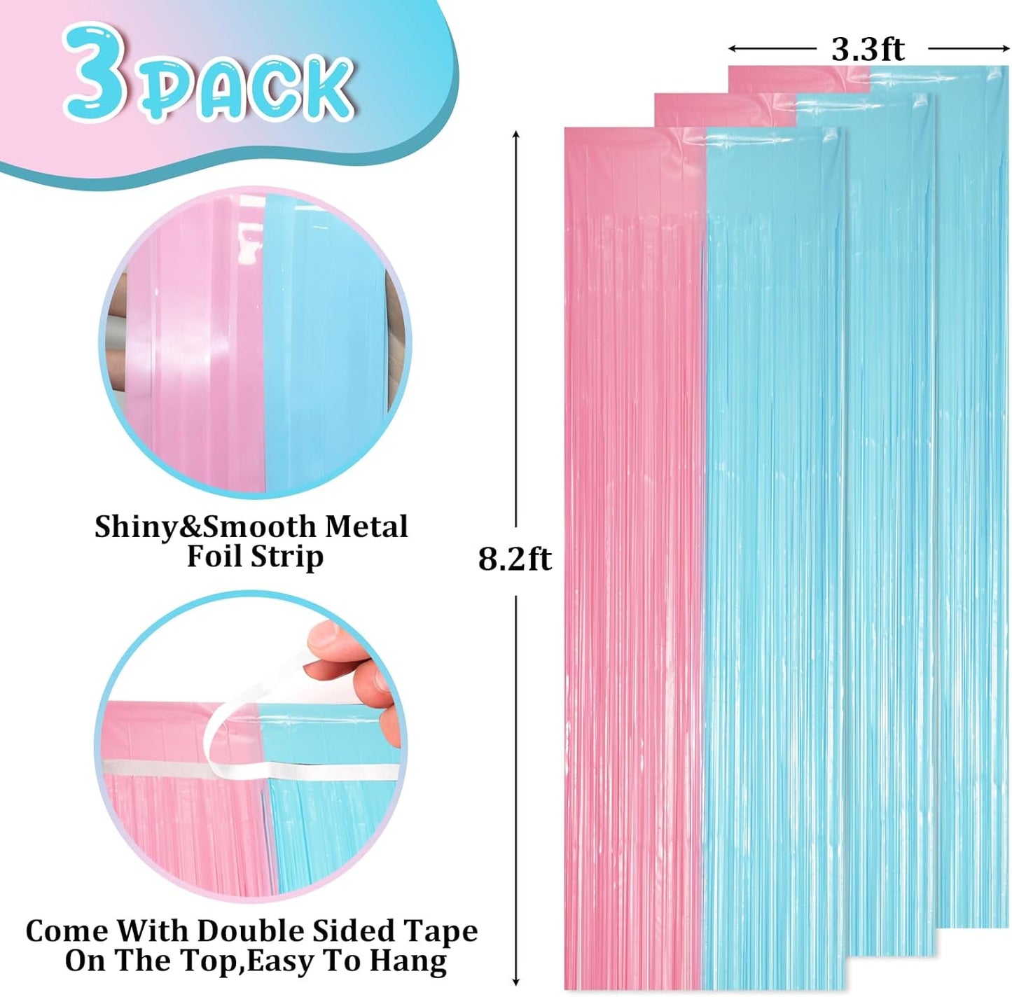 3 Pack 3.3 x 8.2 ft Pastel Blue and Pink Foil Fringe Backdrop Curtains, Tinsel Streamers Party Decorations, Fringe Backdrop for Grender Reveal, Baby Shower, Birthday Party