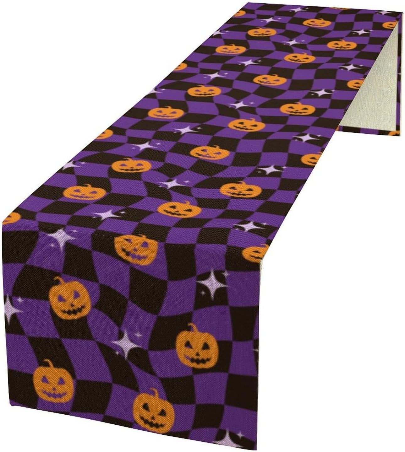 Halloween Table Runner,Purple Checkered Pumpkin Table Runner for Kitchen Dining Table Decoration Home Party Decor 13x90 Inch