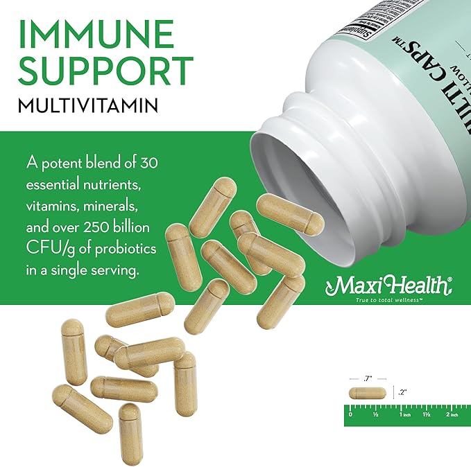 Maxi Health Multivitamin – Easy to Swallow Multi Vitamin Capsules with 30 Nutrients, Iron & Probiotics – Kosher Daily Multivitamins Small Capsules for Wellness Support & Digestive Ease (60 Units)