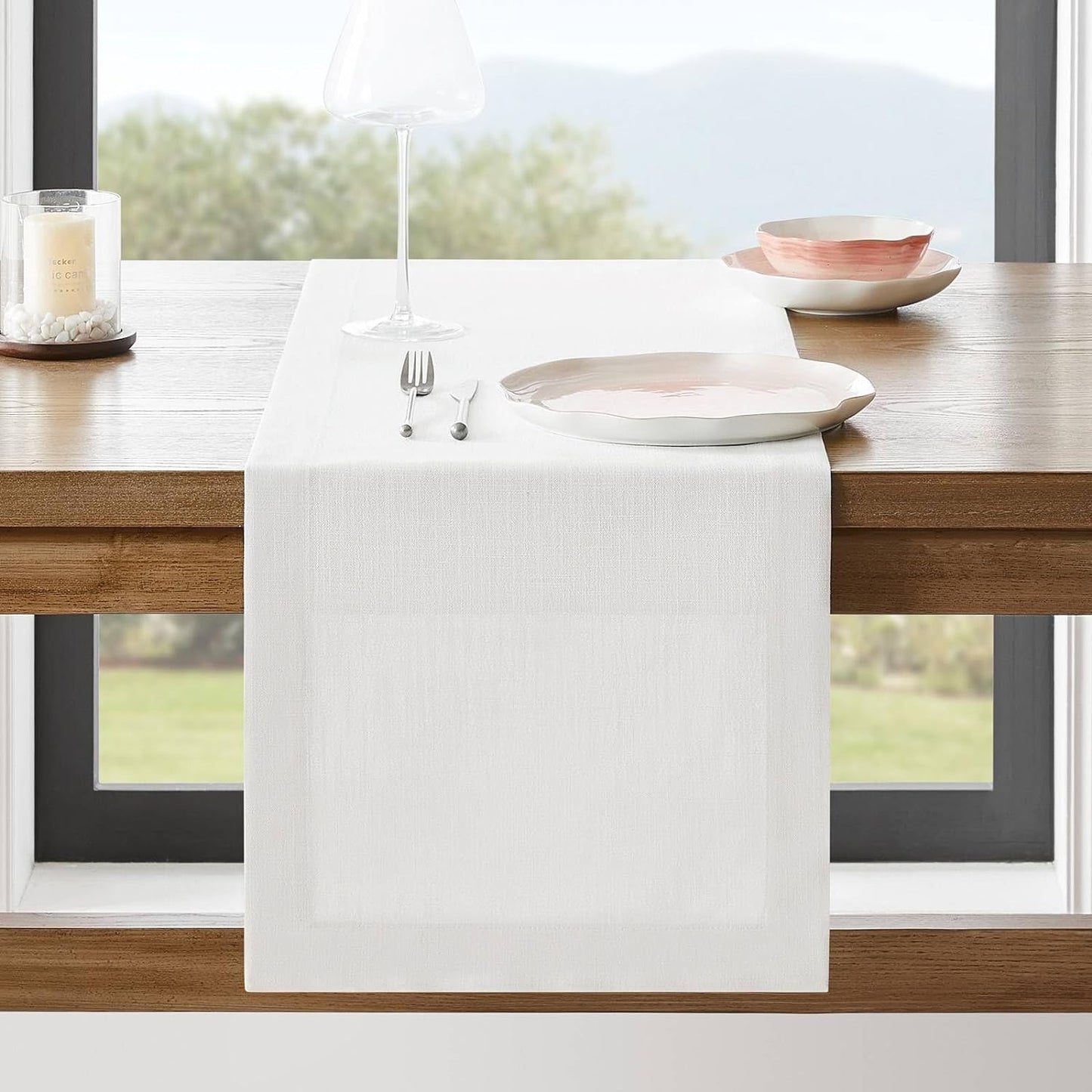 ZeeMart Linen Textured Border Table Runner, 14 x 90 Inch White, Farmhouse Style White Table Runners 90 Inches Long, Easy Care Everyday Polyester Table Runner