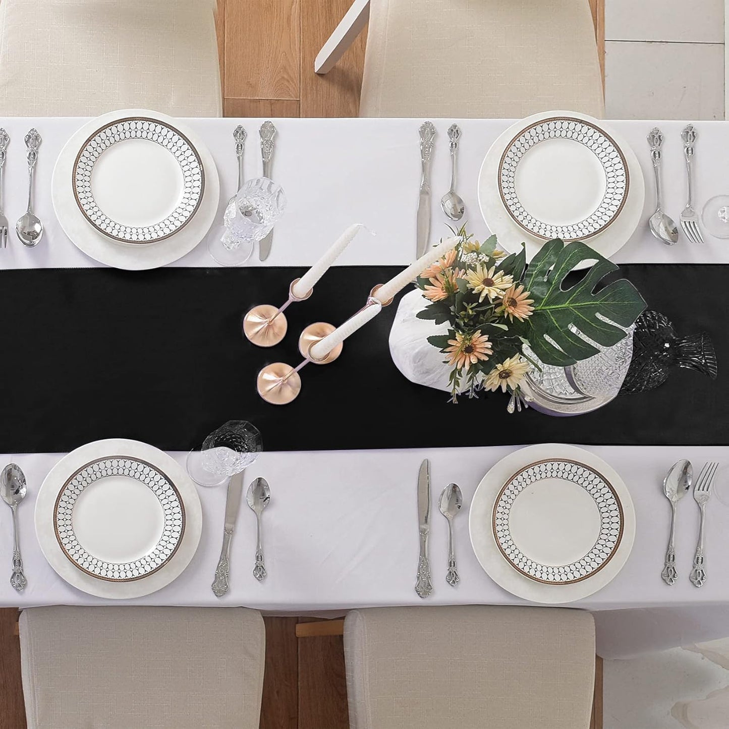 24Pack Table Runner 12 x 108 Inches Satin Silk Table Runner for Wedding, Birthday Party, Banquets, Graduations Decoration, fit Rectange and Round Table-Black