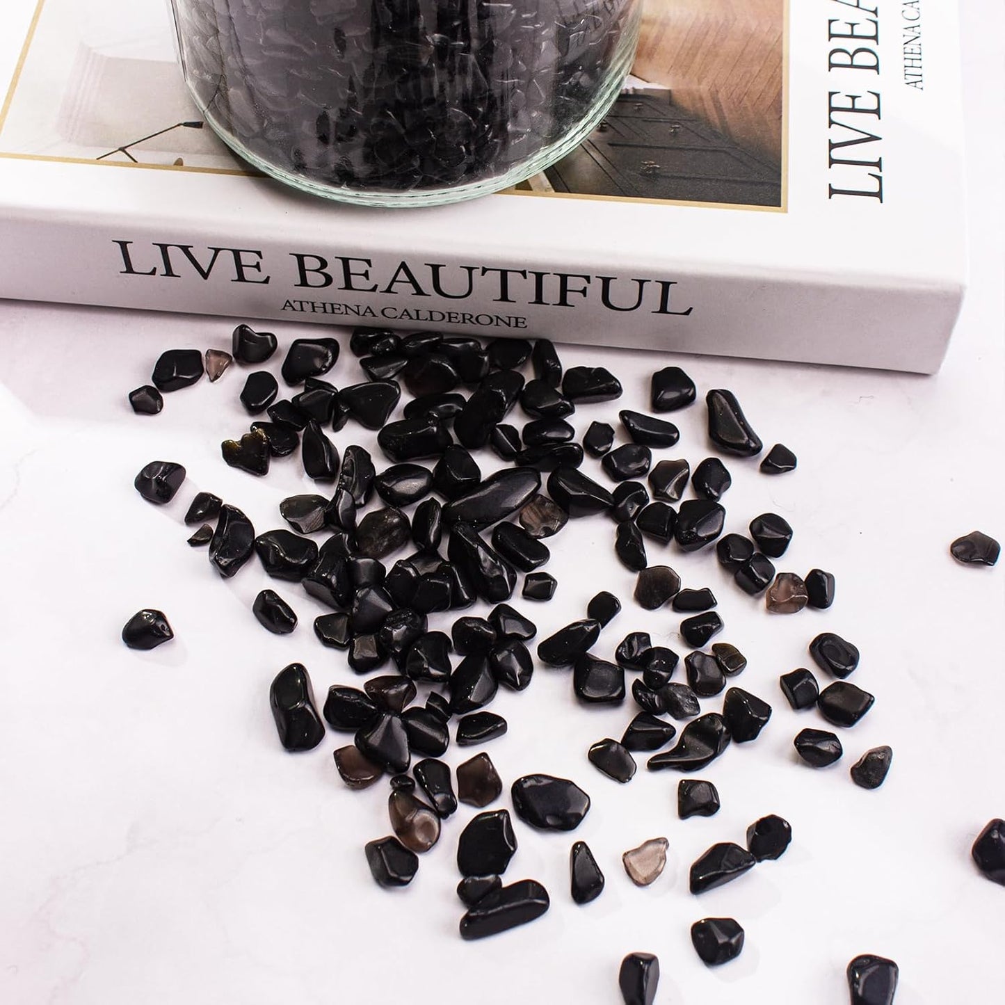 0.88 Lb Black Obsidian Natural Tumbled Healing Crystal Chips Bulk, Aquarium Gravel Rocks Stones Pebbles Fish Tank Marbles for Aquarium, Vase Fillers, Succulent Plants Decor