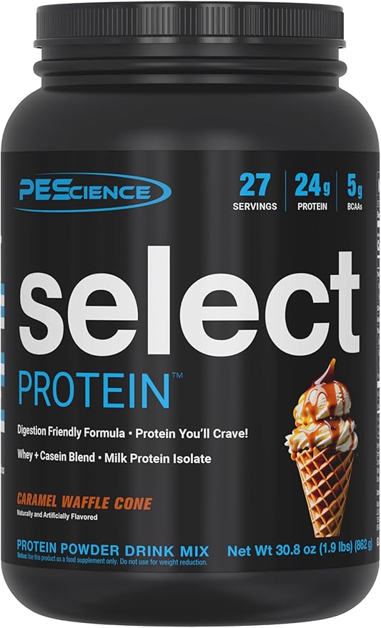 PEScience Select Protein Powder, Whey and Casein Blend, Clean Protein Powder for Women and Men, Low Calorie, Low Carb, Keto Friendly, Gluten Free, Caramel Waffle Cone, 27 Servings