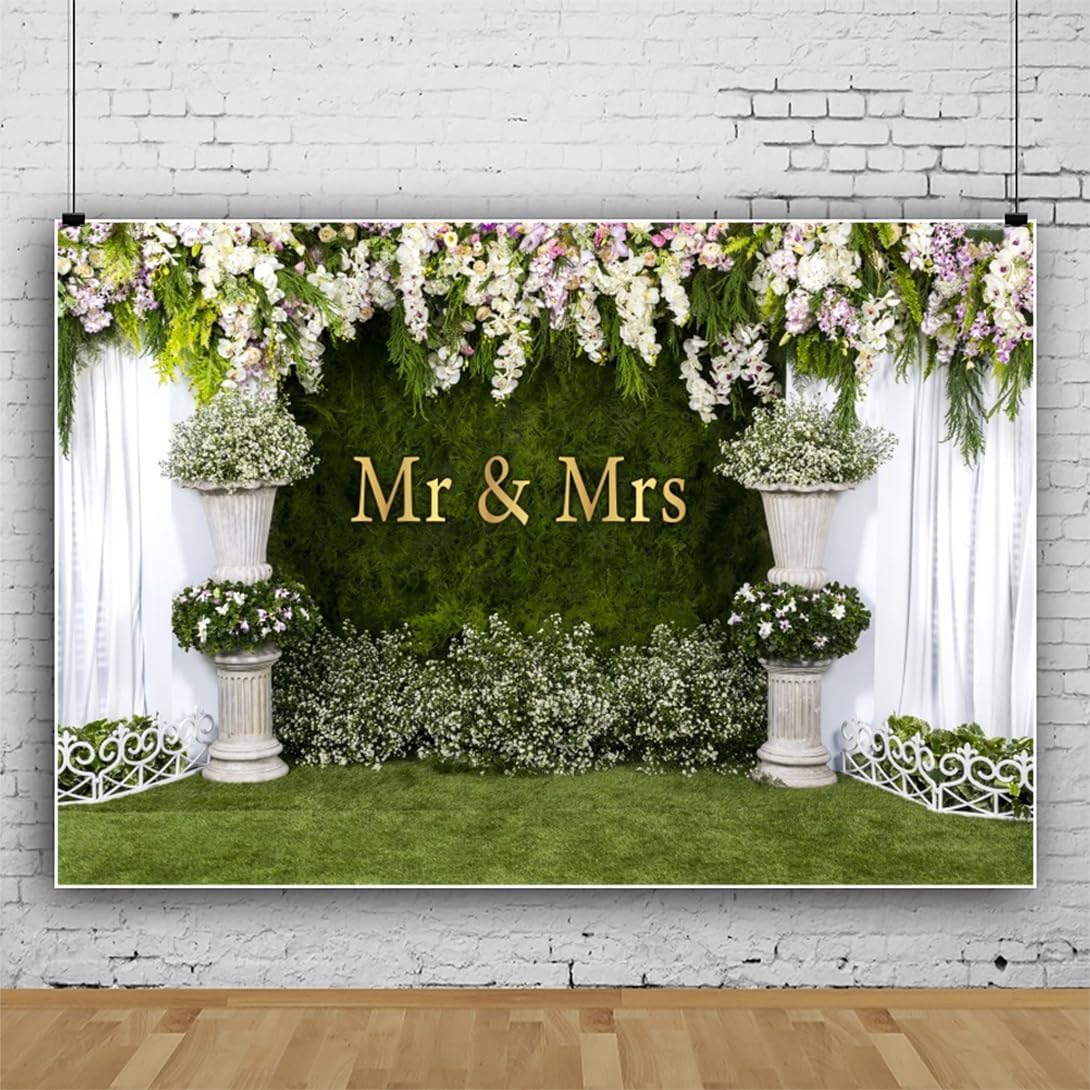 Wedding Arch Flower Backdrop 7x5ft - Mr to Mrs Engagement & Anniversary Photography Background