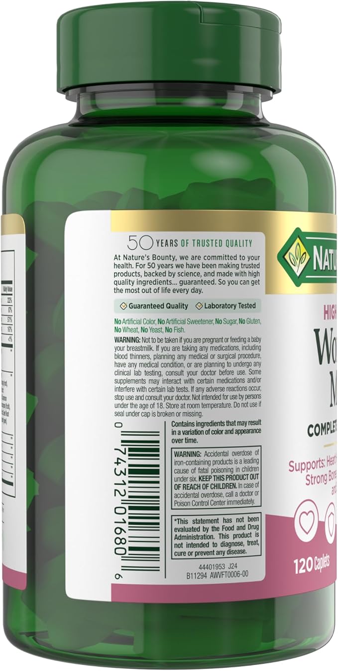 Nature's Bounty High Potency Women’s Complete Multivitamin, Daily Vitamin with Vitamin C, Supports Heart Health & Immune Function, Essential Nutrition for Women, 120 Caplets