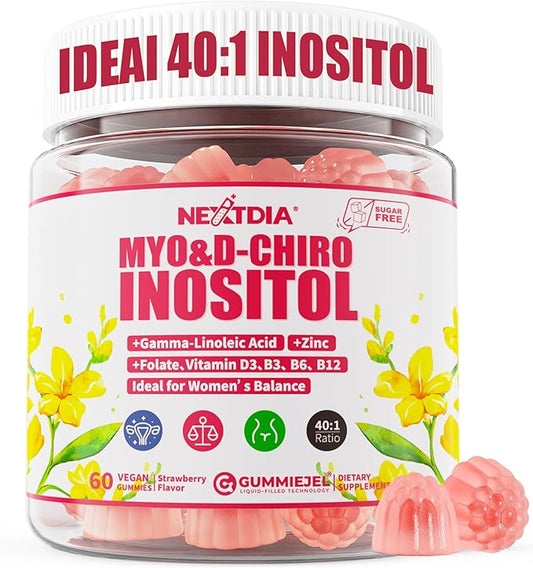 Myo-Inositol & D-Chiro Inositol Gummies with Evening Primrose Oil for Women - 40:1 Ratio Supplement Plus Vitamin D3, Methyl Folate & B12 for Hormonal Balance, Cycles & Ovarian Health, Vegan (60ct)