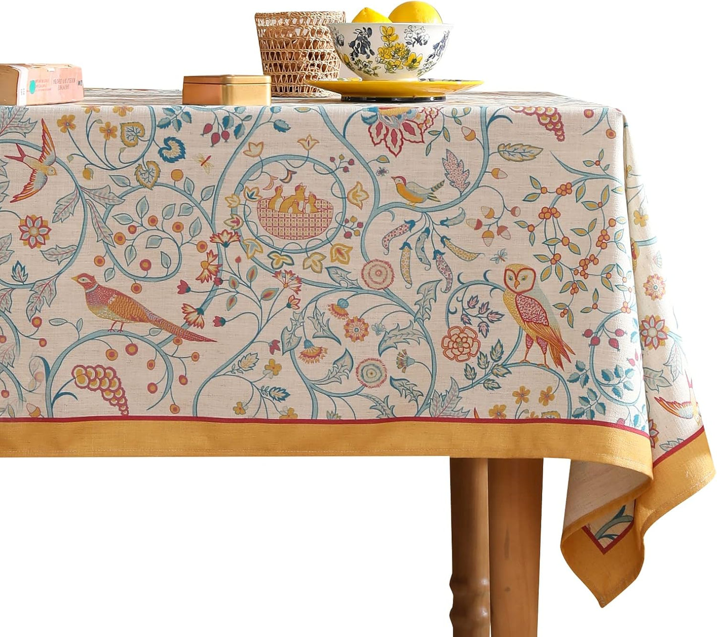 patdrea Designer Vintage Square Table Cloth,Yellow Linen Floral Birds Pattern Colorful Tablecloths,Decorative Table Cover for Kitchen Dining Banquet,Christmas,Thanksgiving,67"x67"-Magnolia