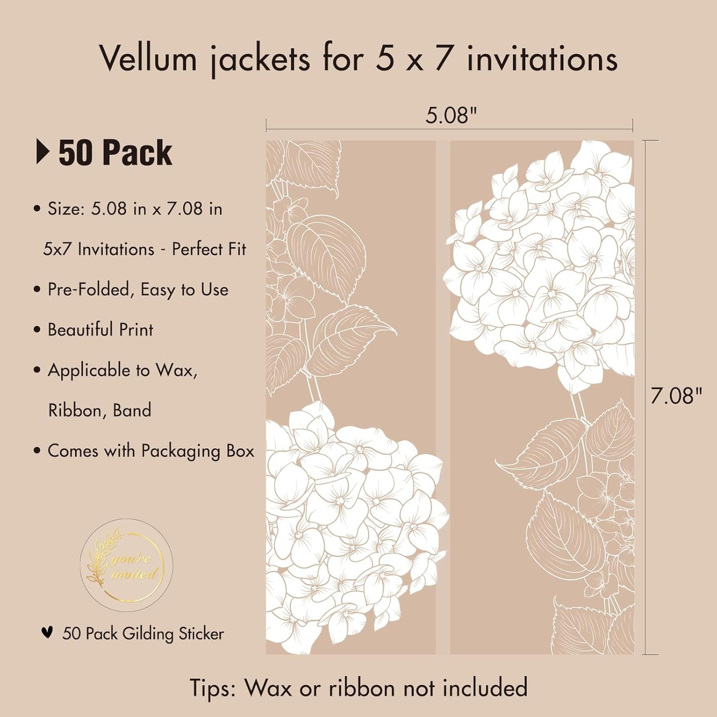 50 Pack Pre-Folded Vellum Jackets for 5x7 Invitations,AZAZA Elegant Translucent Invitation Sleeves,115GSM Vellum Jackets 5x7, Wedding Invitation Accessories, for Weddings Birthdays, Hydrangea Floral