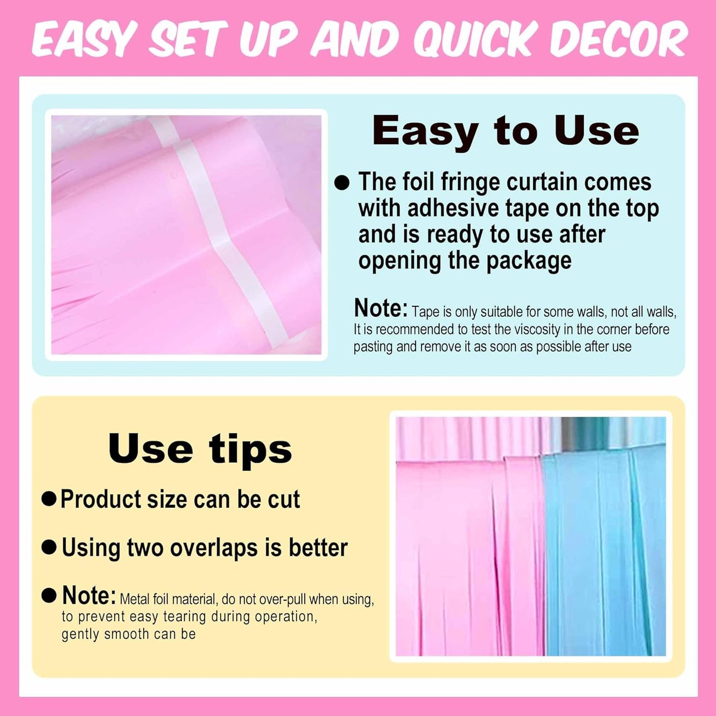 6 Pack Macaron Pink Blue Foil Fringe Curtains Backdrop, 3.28 x 8.2 Ft Metallic Streamers Tinsel Curtains Background for Photo Booth, Birthday, Weddings, Carnivals, Graduation, Themed Party Decorations