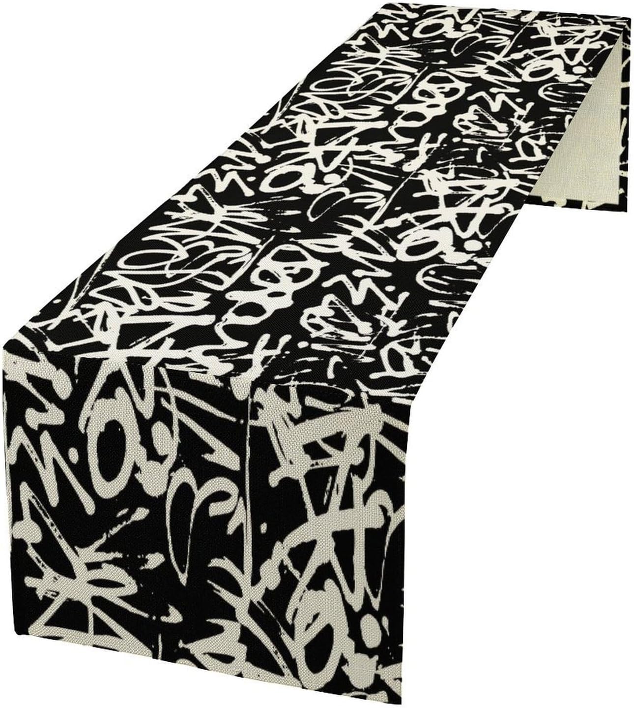 Graffiti Table Runner,Black White Abstract Messy Art Theme Pattern Print Tablecloth Burlap for Hotel Indoors Outdoor Dining Room Kitchen Home Decor,W13X L70 in