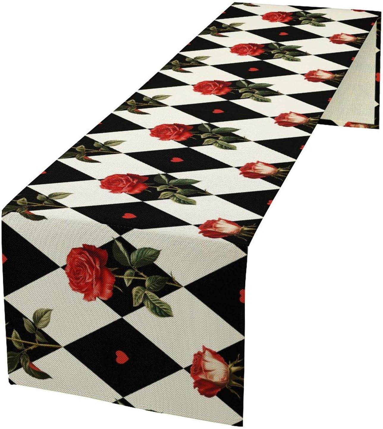 Vintage Rose Table Runner, Red Rose Hearts Black White Checkered Background Table Runner for Kitchen Dinning Table Runner Decor Home Wedding Party Holiday, 13x108 Inch