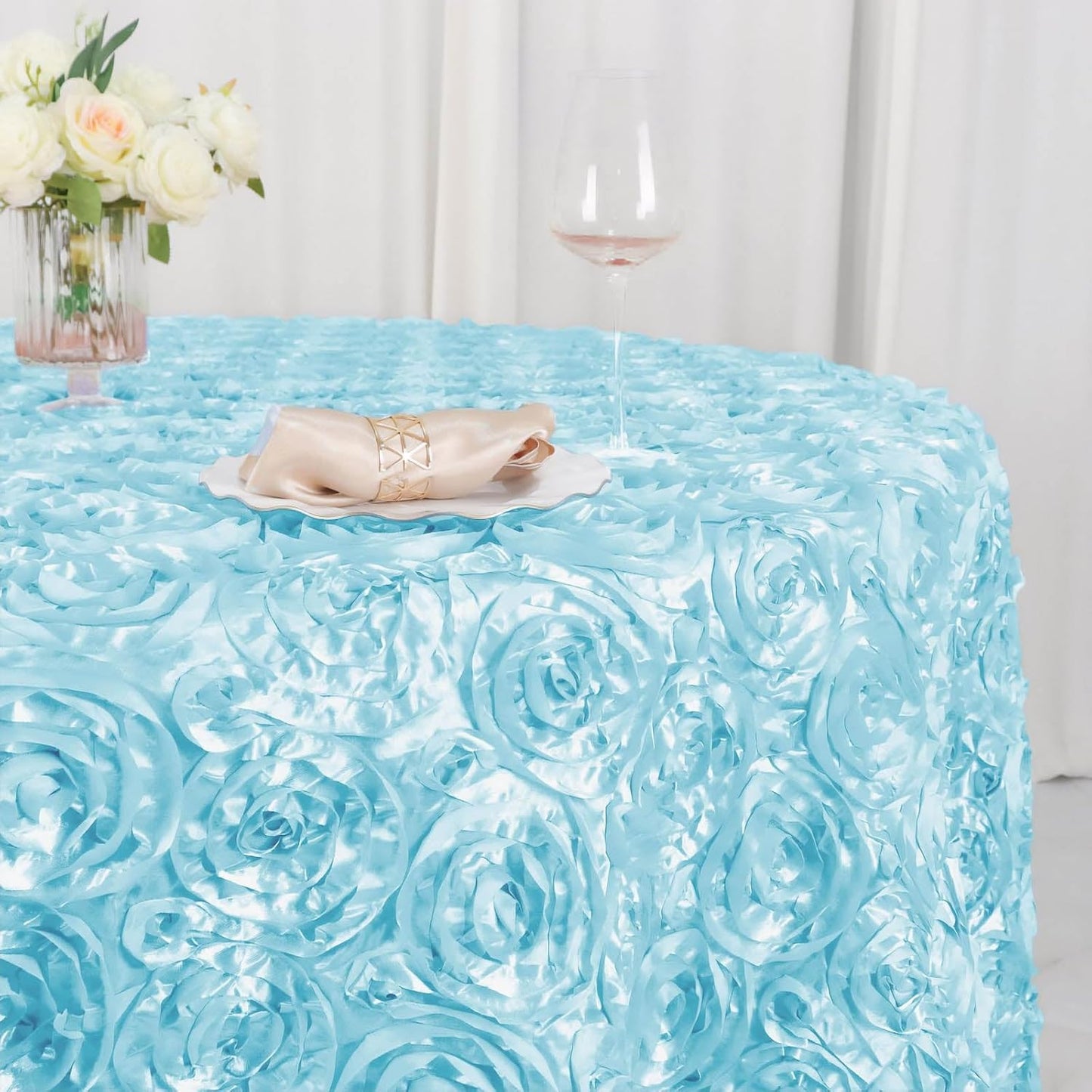 Efavormart 120" Wholesale Round Table Cover Light Blue Grandiose Rosette 3D Satin Tablecloth for Wedding Party Event Decoration