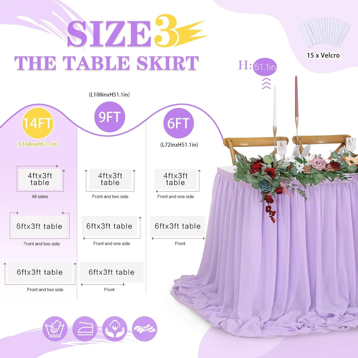 QueenDream 14ft Lavender Chiffon Table Skirt Purple Sheer Tablecloth for Rectangle Tables for Baby Shower Birthday Party Decorations