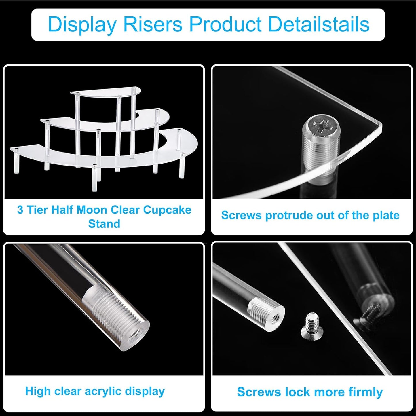 2PACKS Acrylic Display Risers, 3 Tier Clear Cupcake Stand Risers, Perfume Stand Organizer, Half Moon Dessert Stand, HENABLE Shelf Risers for Display Stands for Food, Amiibo Funko POP Figure (2half moon)