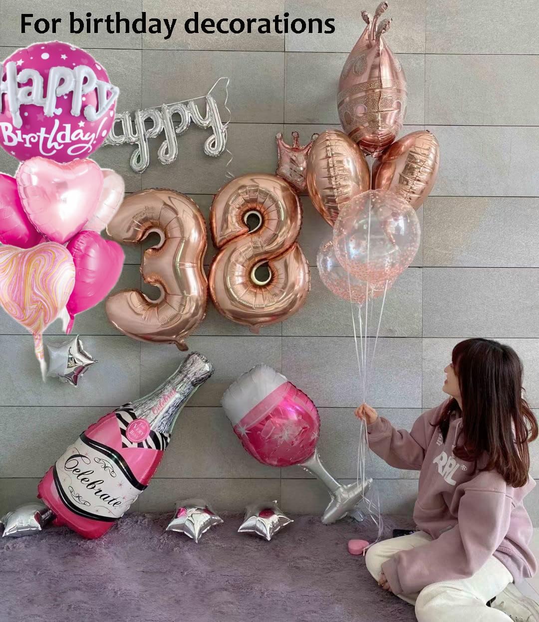 Rose Gold Crown Mylar Balloons And Pink Birthday Large Round Mylar Balloons Set