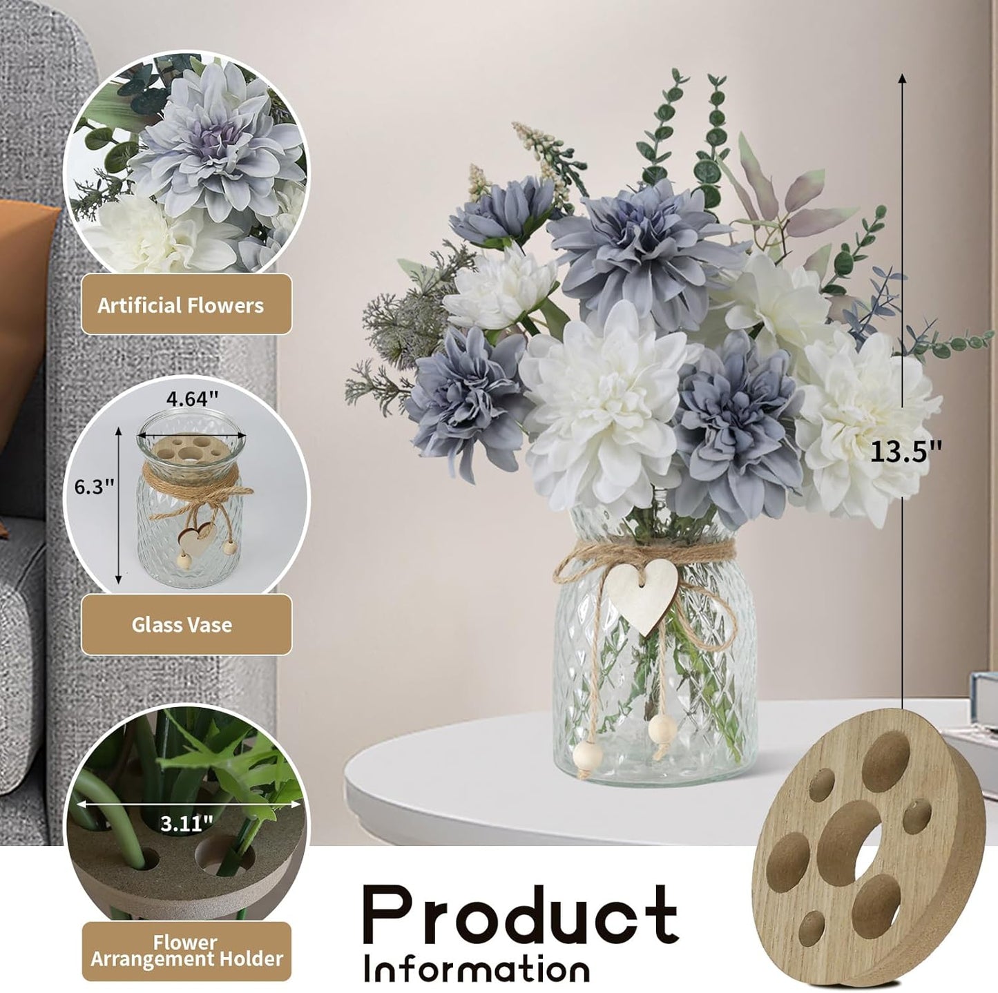 Fake Flowers with Vase,8 Dahlias, with a Flower Arrangement Holder,Silk Faux Dahlia Artificial Flowers in Vase,Centerpiece Table Decorations,Coffee Table Decor