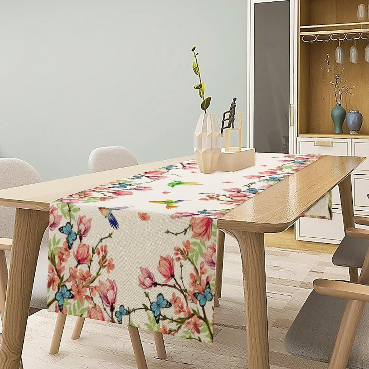 Vintage Watercolor Flower Hummingbird Table Runner Seasonal Spring Garden Plants Birds Florals Farmhouse Country Kitchen Dinner Runner Dining Table Decoration 13"x108"