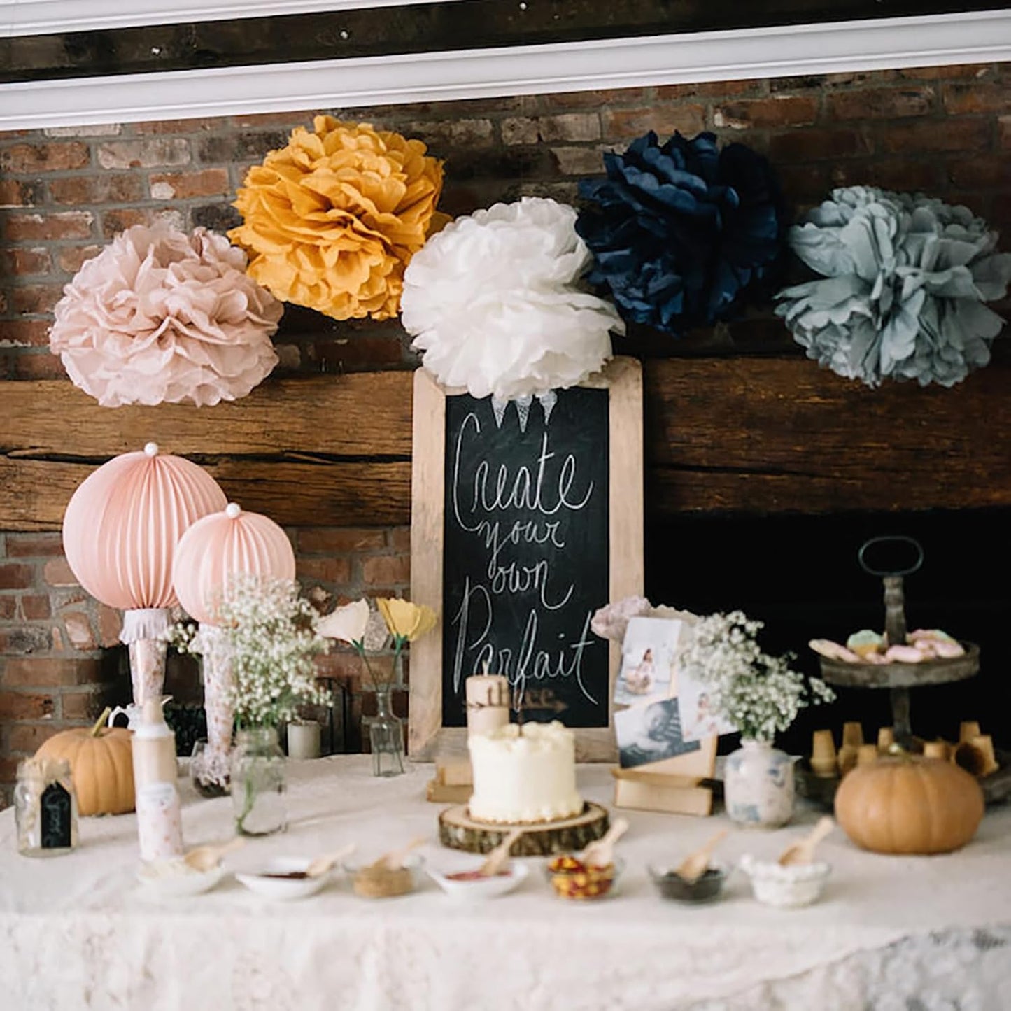 ZOOYOO Brown Paper Pom Poms, Caramel Party Decorations Boho Ivory Beige White Tissue Paper Pom Poms for Rustic Neutral Birthday Western Graduation Birthday Wedding Baby Shower 12PCS, Variety Pack