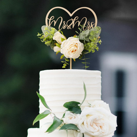 Mr & Mrs Wedding Cake Topper in Wood Heart Cake Topper with Flowers and Leaves