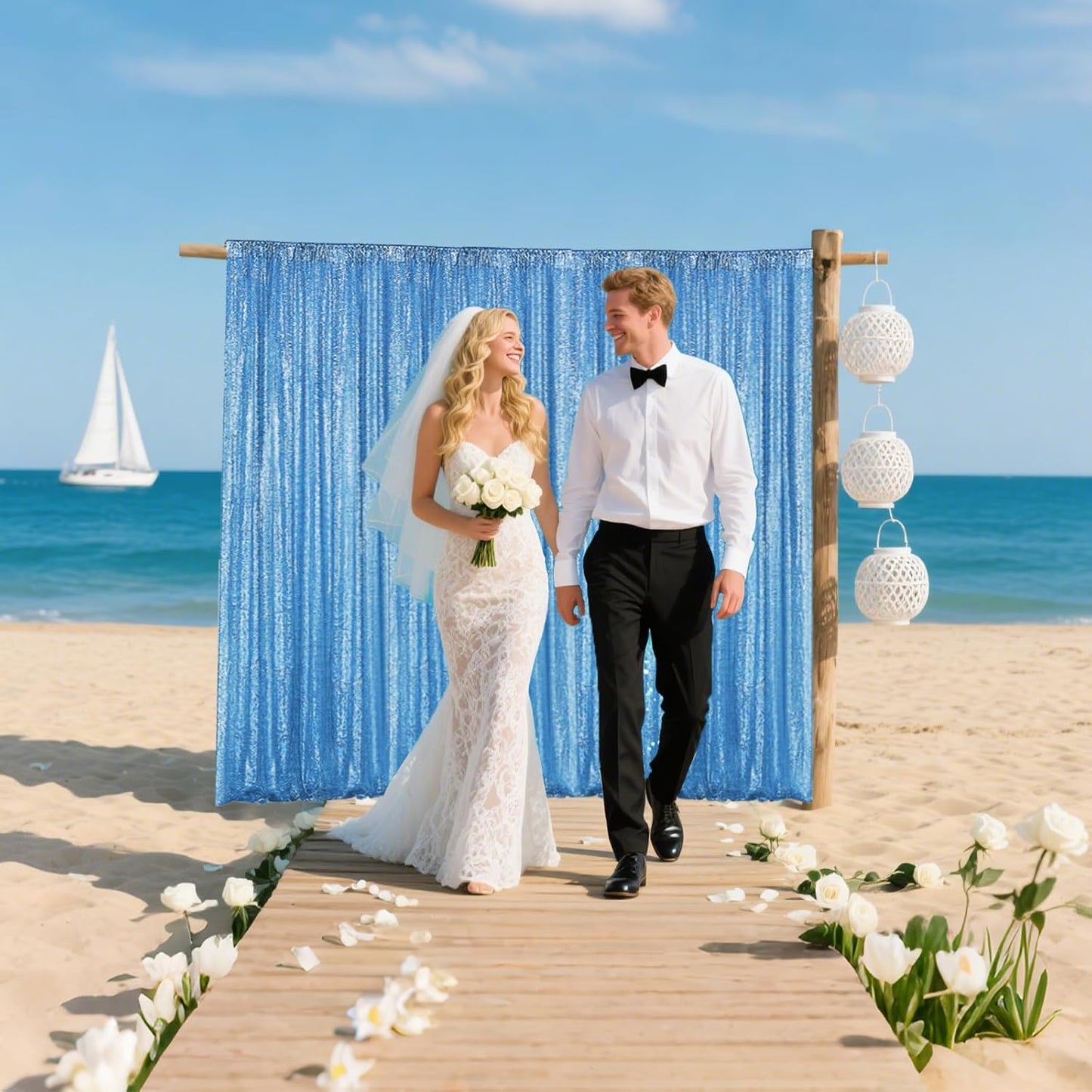 Blue Sequin Backdrop Curtain 4 Pieces 2FTx8FT Glitter Photography Backdrop for Party Wedding Birthday Christmas Decorations