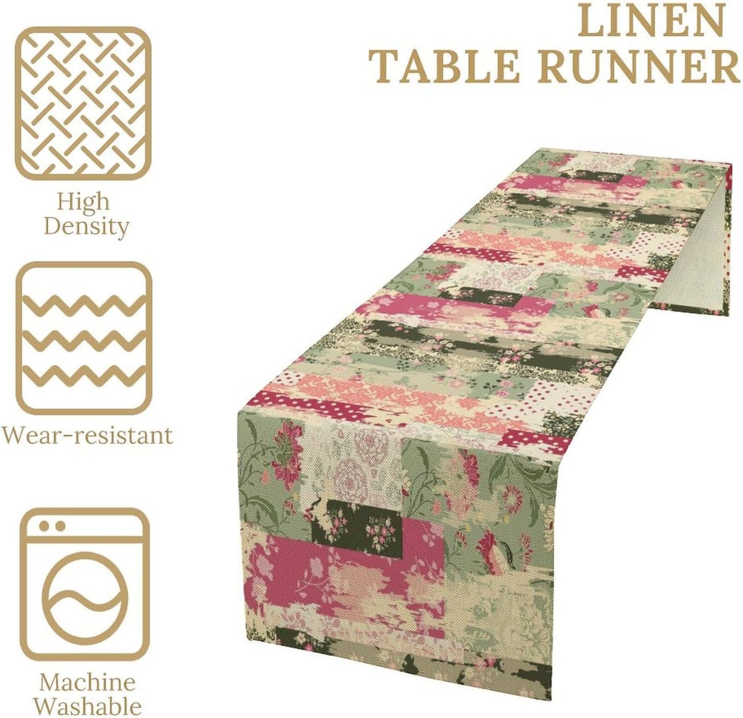 Patchwork Flower Table Runner,Abstract Colorful Floral Retro Style Hand Drawn Tablecloth Burlap for Hotel Indoors Outdoor Dining Room Kitchen Home Decor,W13X L108 in