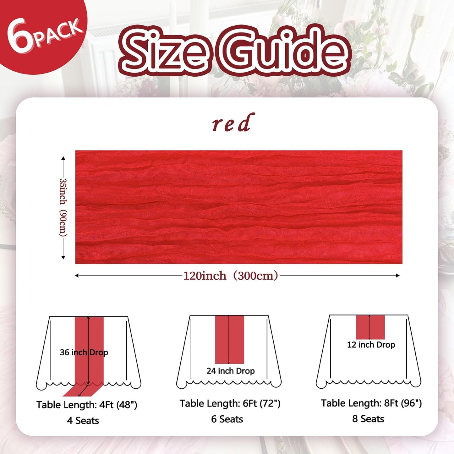 6 Pack Red Cheesecloth Fall Table Runner 10ft Boho Gauze Fabric Cheese Cloth Thanksgiving Christmas Table Runner 35 x 120 Inch Rustic Sheer for Wedding Decor Bridal Shower Party Centerpiece Decoration