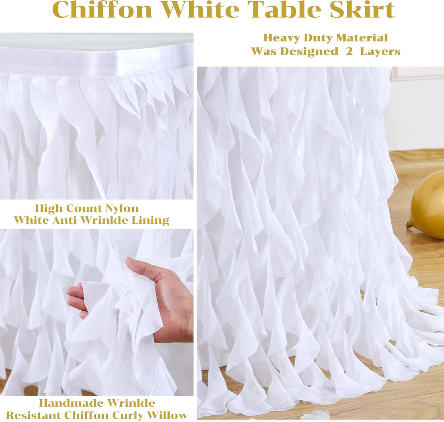 Partisky White Tulle Curly Willow Table Skirt for Rectangle Table 9ft, Ruffle Tutu Table Cloth for Wedding,Bridal Shower, Baby Shower,Birthday Party