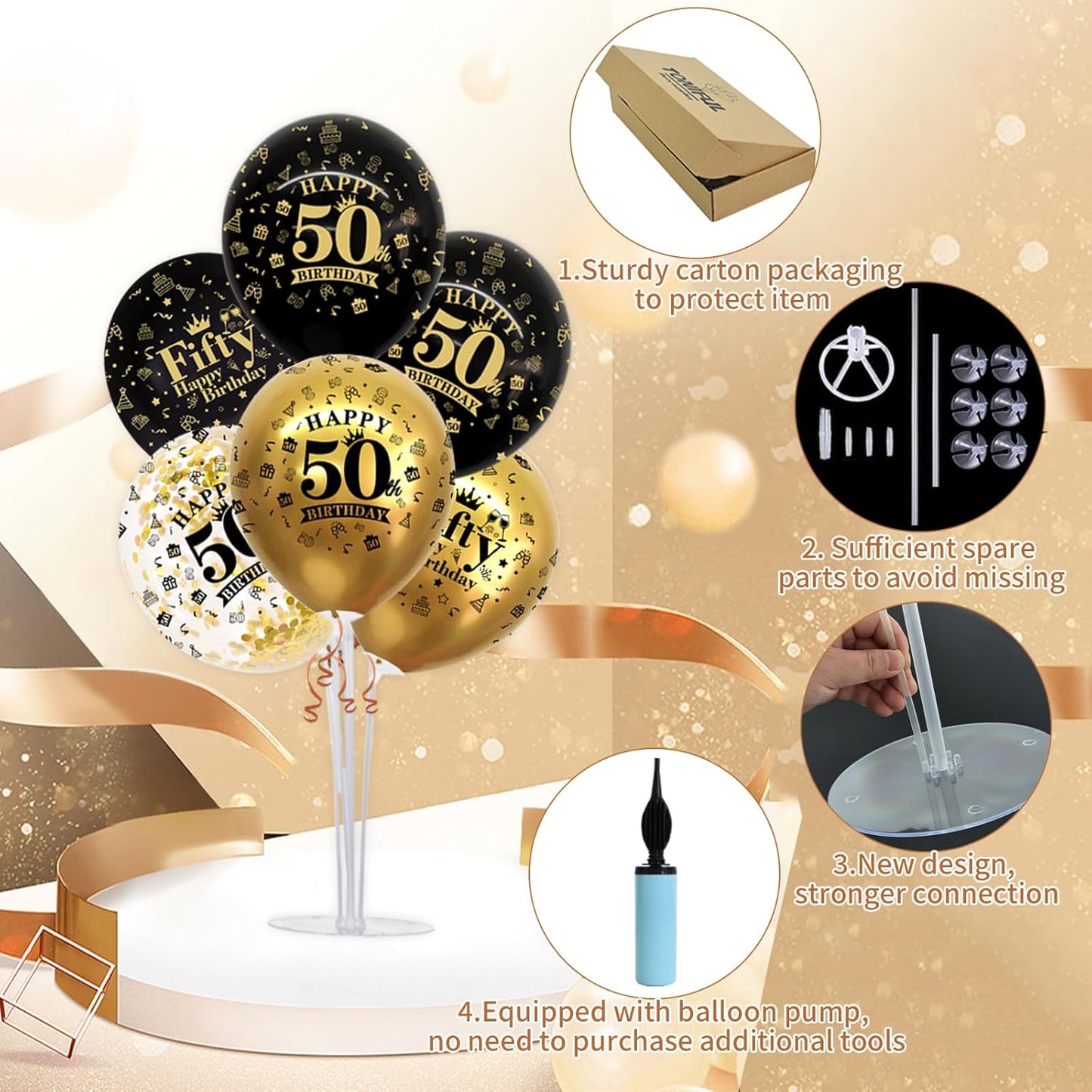 TONIFUL 4 Set Black Gold Balloon Stand Kit for Birthday Decorations for 50th,Balloon Centerpieces for Table Party Decorations Cheers to 50 Years Old Birthday for Men and Women