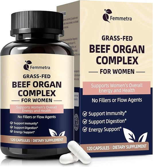 Female-Optimized Beef Organ Complex Superfood Supplement, Beef Liver, Kidney, Heart, Uterus & 6 More, Balance Hormones, Energy & Women's Overall Wellness, with Milk Thistle, Zinc, Grass-Fed, 60 Day