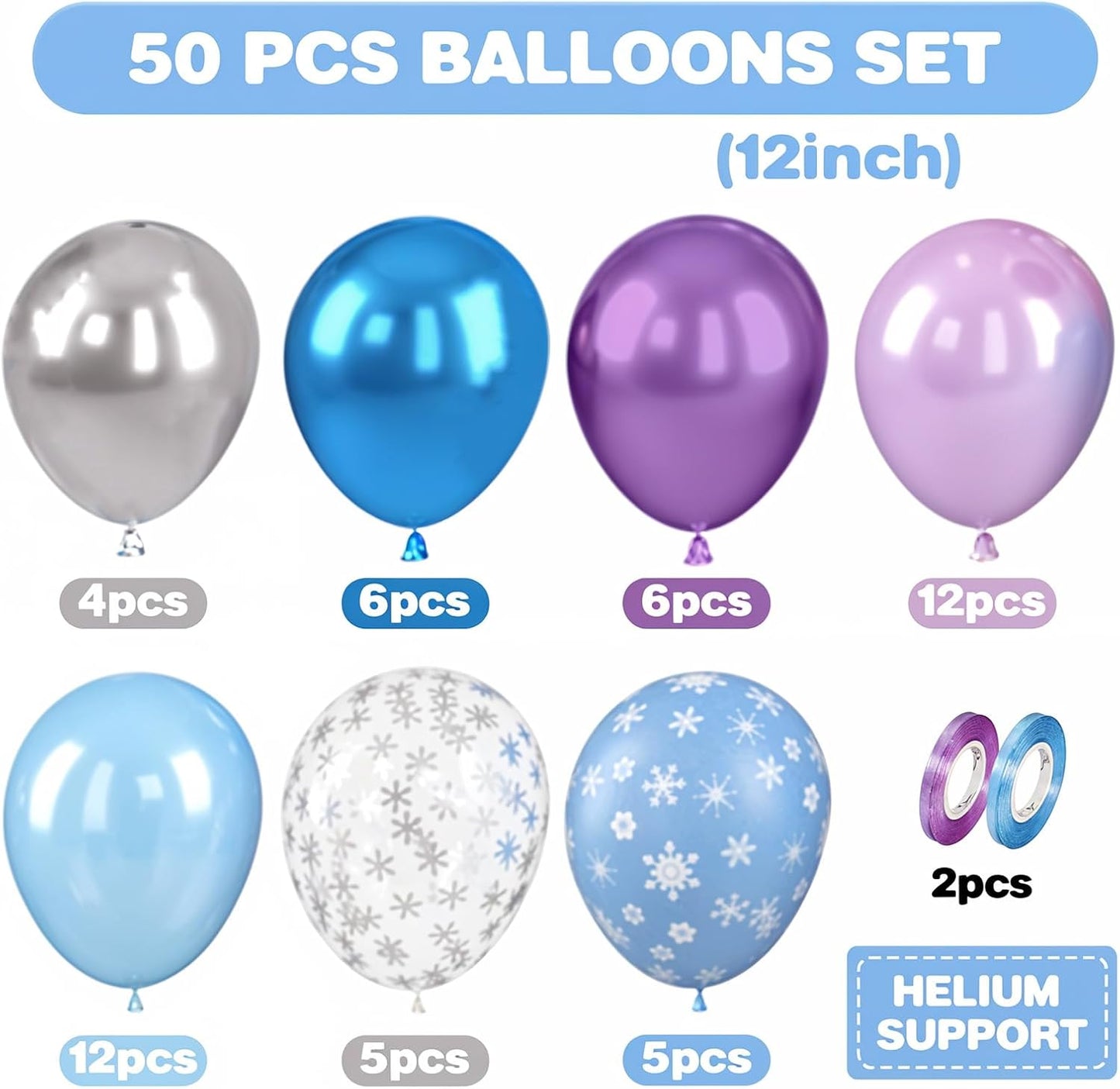 Frozen Balloons, 12 Inch Blue and Purple Balloons, Metallic Silver Blue Frozen Print Snowflake Confetti Balloon for Girls Woman Ice and Snow Winter Theme Birthday Party Decorations