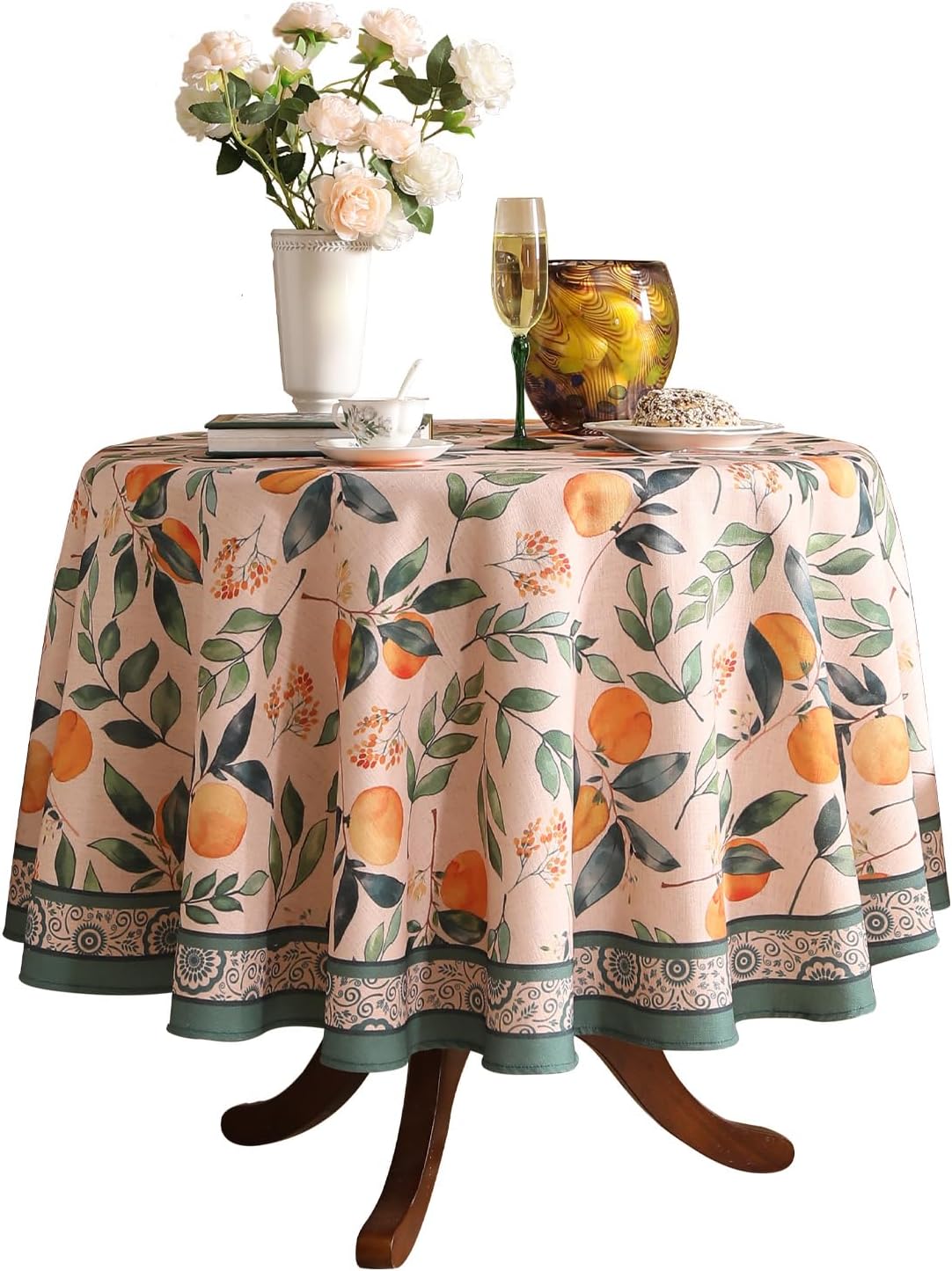 patdrea Designer Linen Small Round Table Cloth,Vintage Framhouse Oranges and Leaves Pattern Tablecloth,Decor Table Cover for Kitchen Dining Christmas,Thanksgiving,Party,Diameter 55"-Palladin a