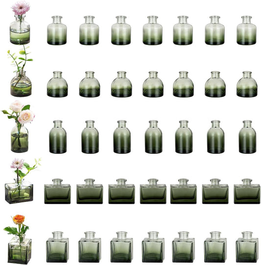 Glasseam Bud Flower Vases in Bulk: 40 Glass Cute Small Vases for Centerpieces Vintage Mini Wedding Birthday Party Table Centerpieces Tiny Baby Shower Dining Room Decoration Green