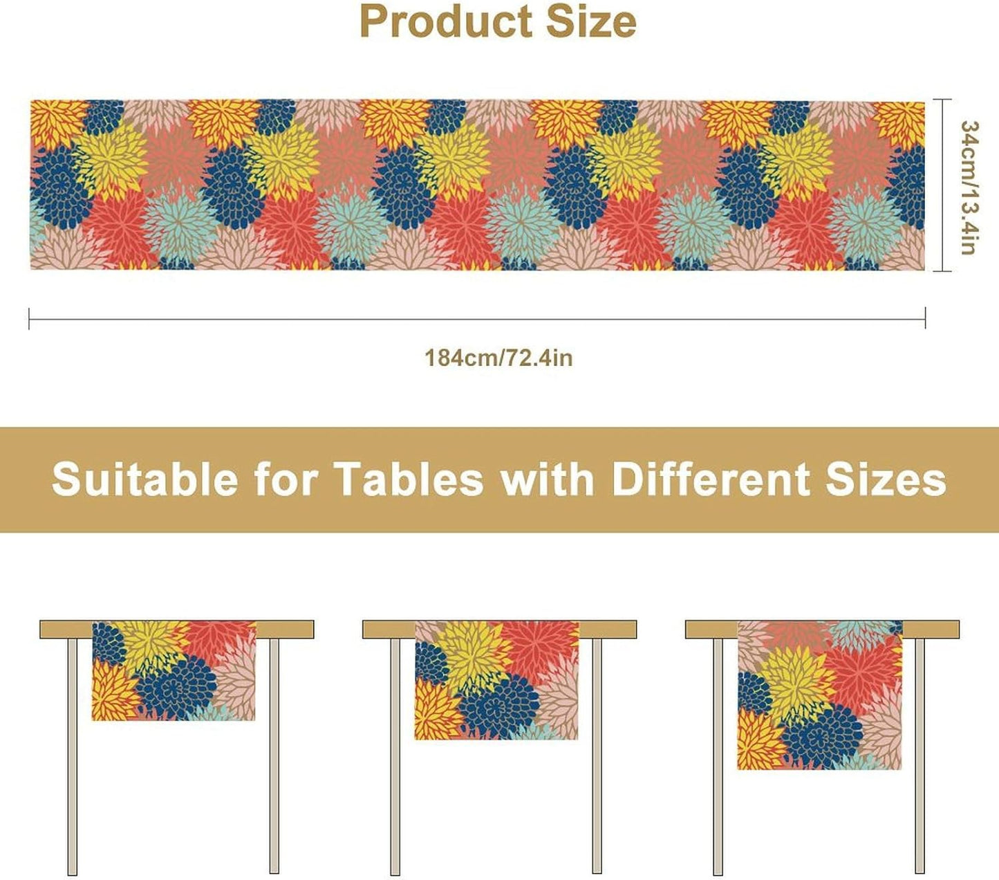 Dahlia Flowers Table Runner Colorful Floral Teal Grey Pink Yellow Blue Abstract Table Runner Kitchen Dining Party Decor Living Room, 13x108 Inch
