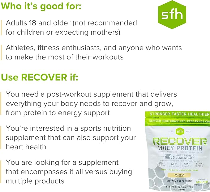 SFH Recover Whey Protein Powder (Vanilla) Great Tasting Grass Fed Whey for Post Workout | All Natural | No Soy, No Gluten, No RBST, No Artificial Flavors (20 Serving Bag)