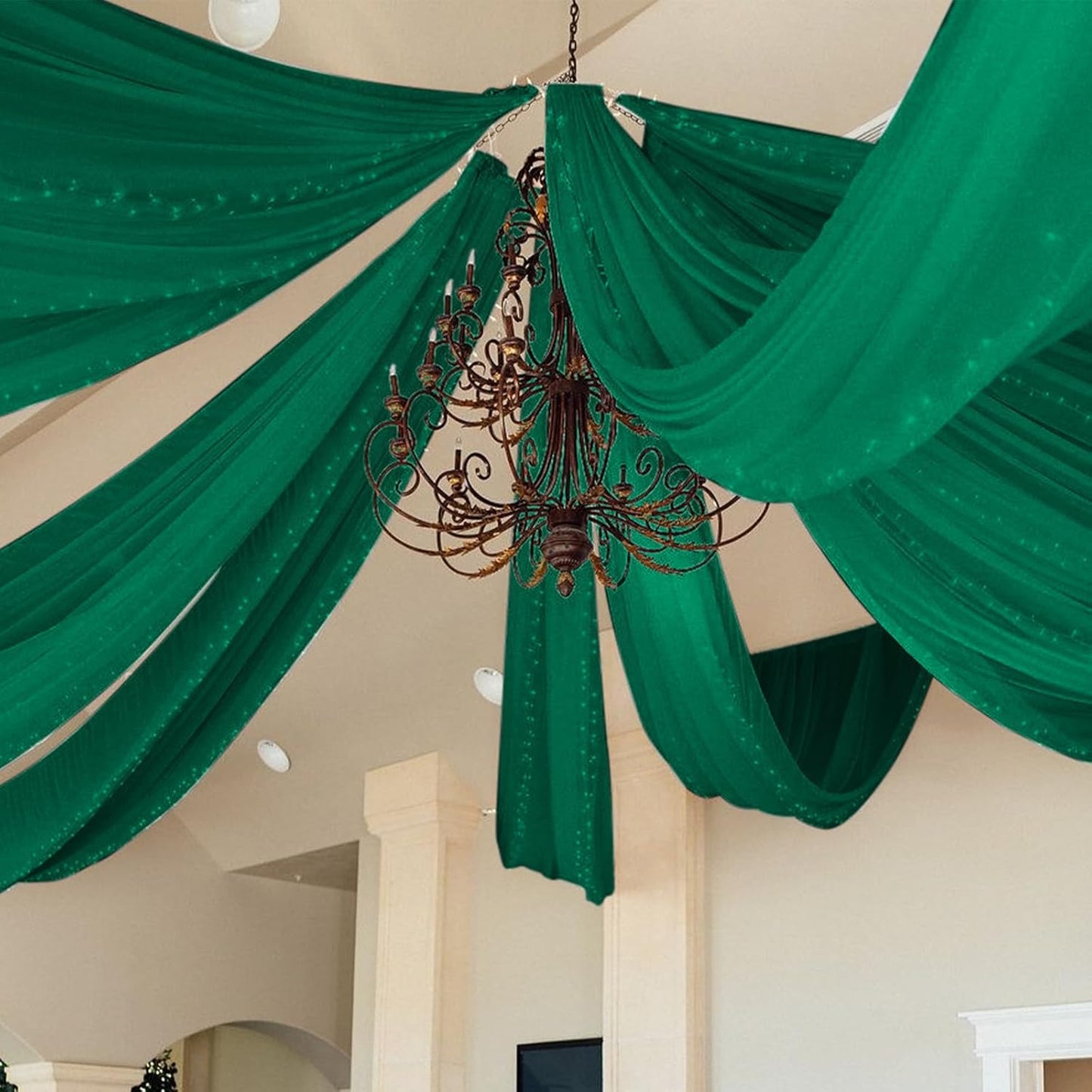 6 Panels Emerald Green Wedding Ceiling Drapes 5ftx10ft Ceiling Drapes Chiffon Fabric Arch Draping Sheer Curtains Soft Drapery Draping Wedding Ceiling Decorations for Party Ceremony Stage Swag