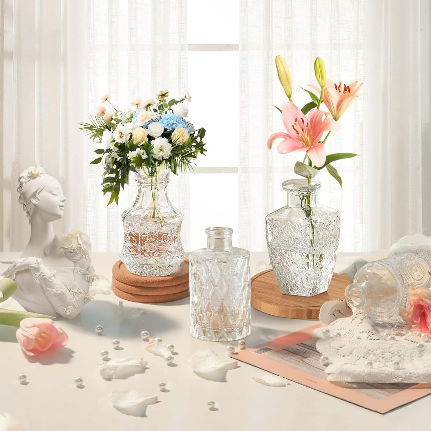 Bud Vases - in Bulk 24,Vintage Small Glass Bud Vases for Flowers, Clear Crystal Mini Glasses in Bulk, Small Flower Design for Centerpieces Wedding Decorations Home Flower Party Decor