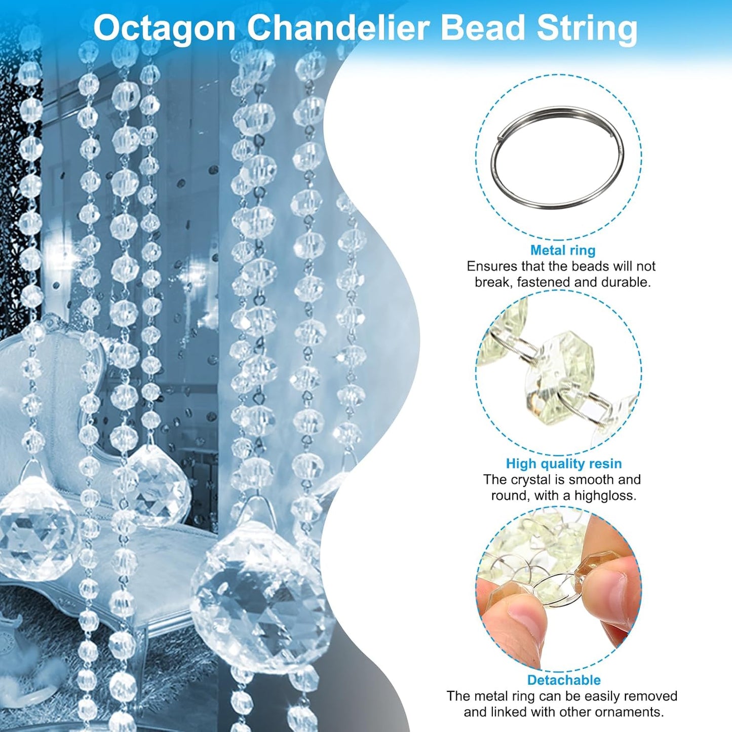 PATIKIL 14 mm Crystal Garland Strands, 98.4 Ft Acrylic Octagon Chandelier Bead Chains String for DIY Craft Wedding Party Home Decorative Jewelry Making, Champagne