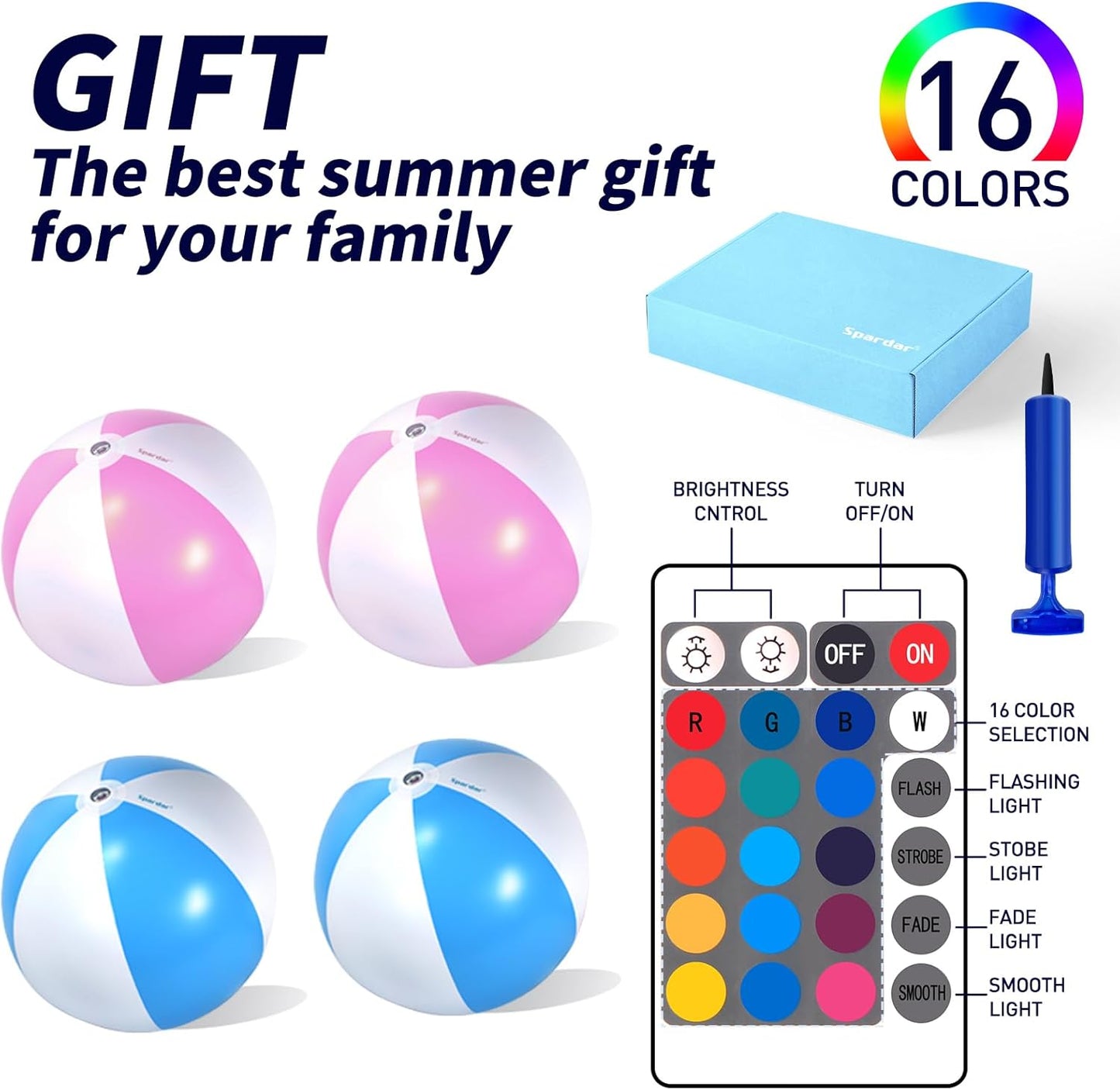 Spardar LED Beach Balls, 4 Pack 16 Inch Light up Beach Balls with Remote Control, Balloon Pump, 16 Colors Lights and 4 Light Modes Pool Toy for Pool Garden Decorations (2Pink+2Blue)