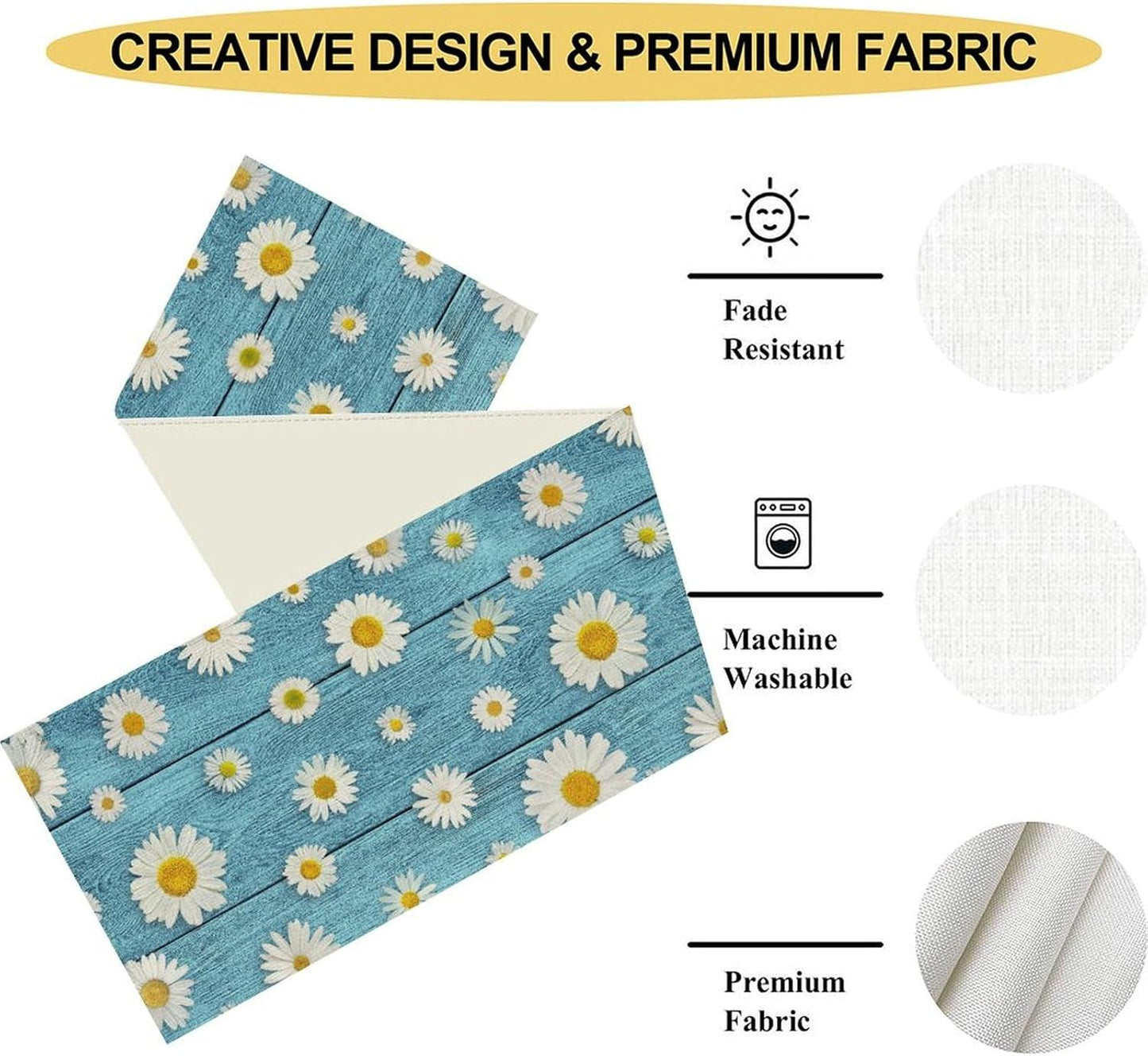 Daisy Floral Table Runner, Farmhouse Abstract Spring Seasonal Summer Blue White Flower Rustic Table Center Decor for Home Kitchen Dining Patio Holiday Party Indoor Table Decorations, 13"x90" Inch