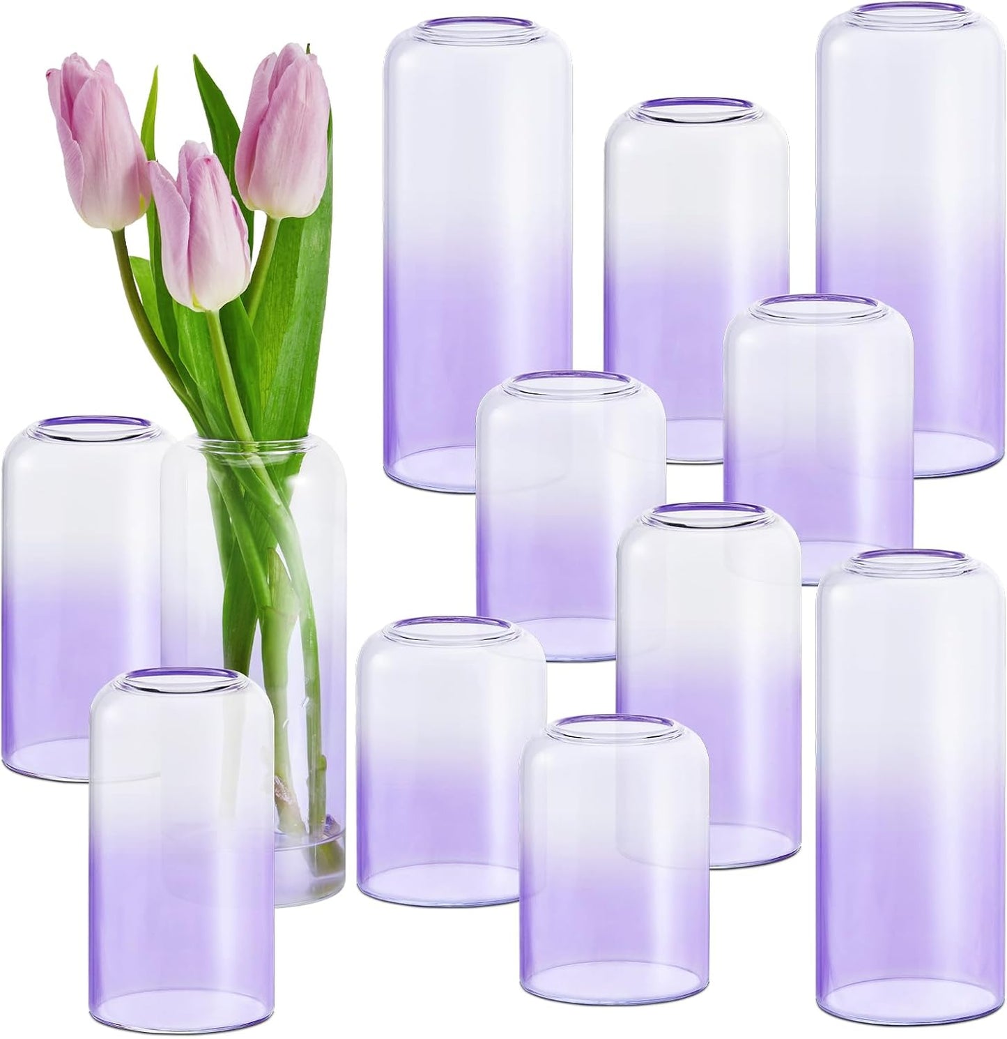 12Pcs Purple Vase Glass Bud Vases Set, Small Vases for Flowers, Modern Cylinder Flower Vases for Wedding Centerpiece, Living Room Decorative, Home Decor (Purple)