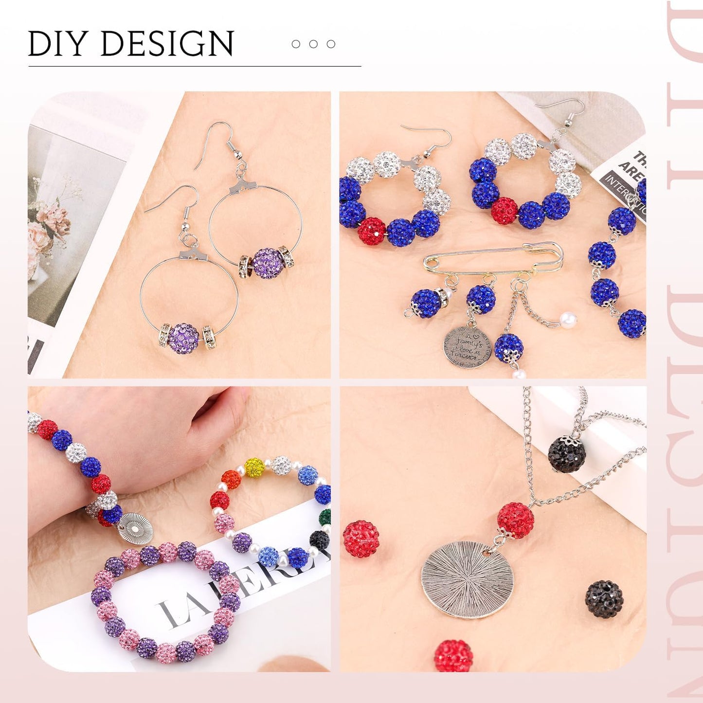 100 Pcs 10 Mixed Colors Rhinestone Beads for Jewelry Making, Sparkle Crystal Clay Christmas for Bracelet Baseball Necklace Earring Crafting and DIY, Shiny Round Shamballa Disco Ball Beads