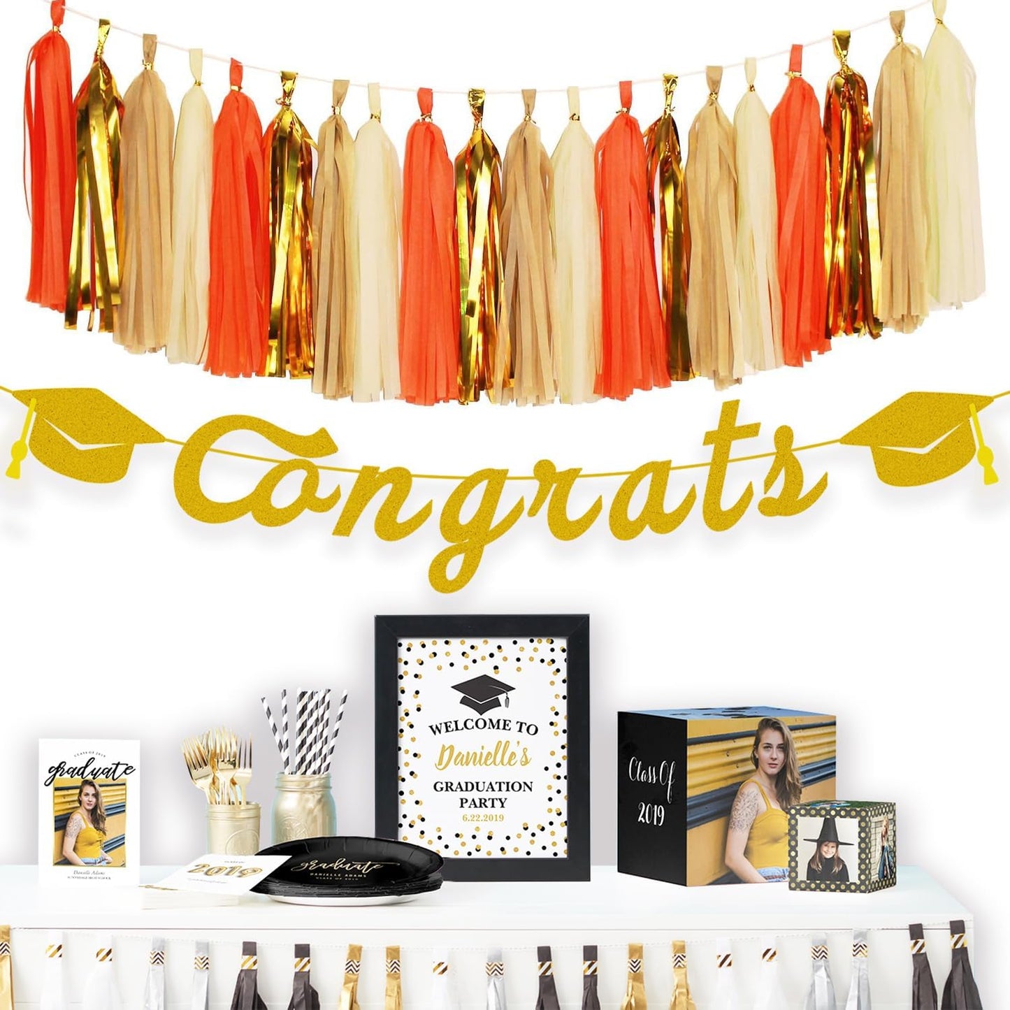 Tassel Garland, Tissue Paper Tassels Banner for Graduation Party Decorations, Thanksgiving, First Birthday Party Decorations, 20 pcs DIY Kits (Orange+Metallic Gold+Tan+Ivory)